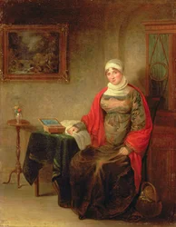 Porträt von Mrs. John Crome, sitzend an einem Tisch mit einer offenen Arbeitsbox